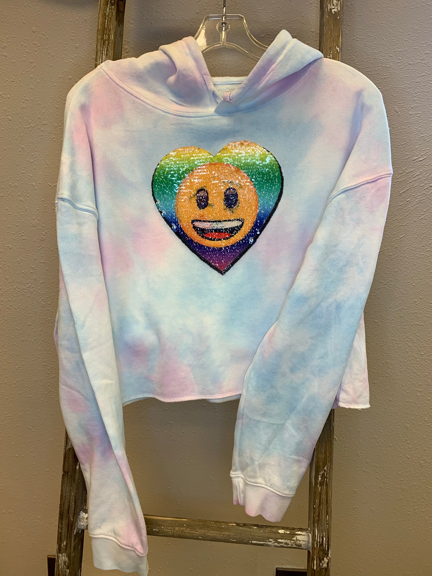 Cotton Candy Tie Dye Sequin Emoji Crop Top Hoodie