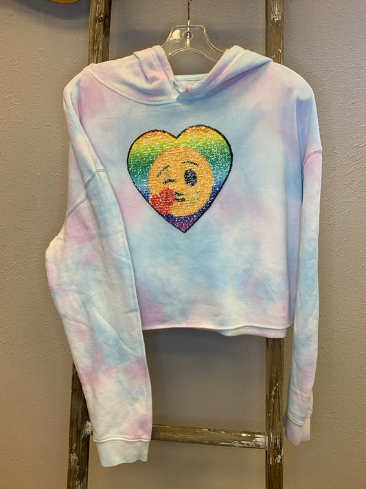 Cotton Candy Tie Dye Sequin Emoji Crop Top Hoodie