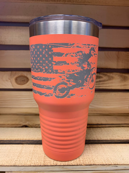 30 oz. American Flag Motocross Coral Tumbler