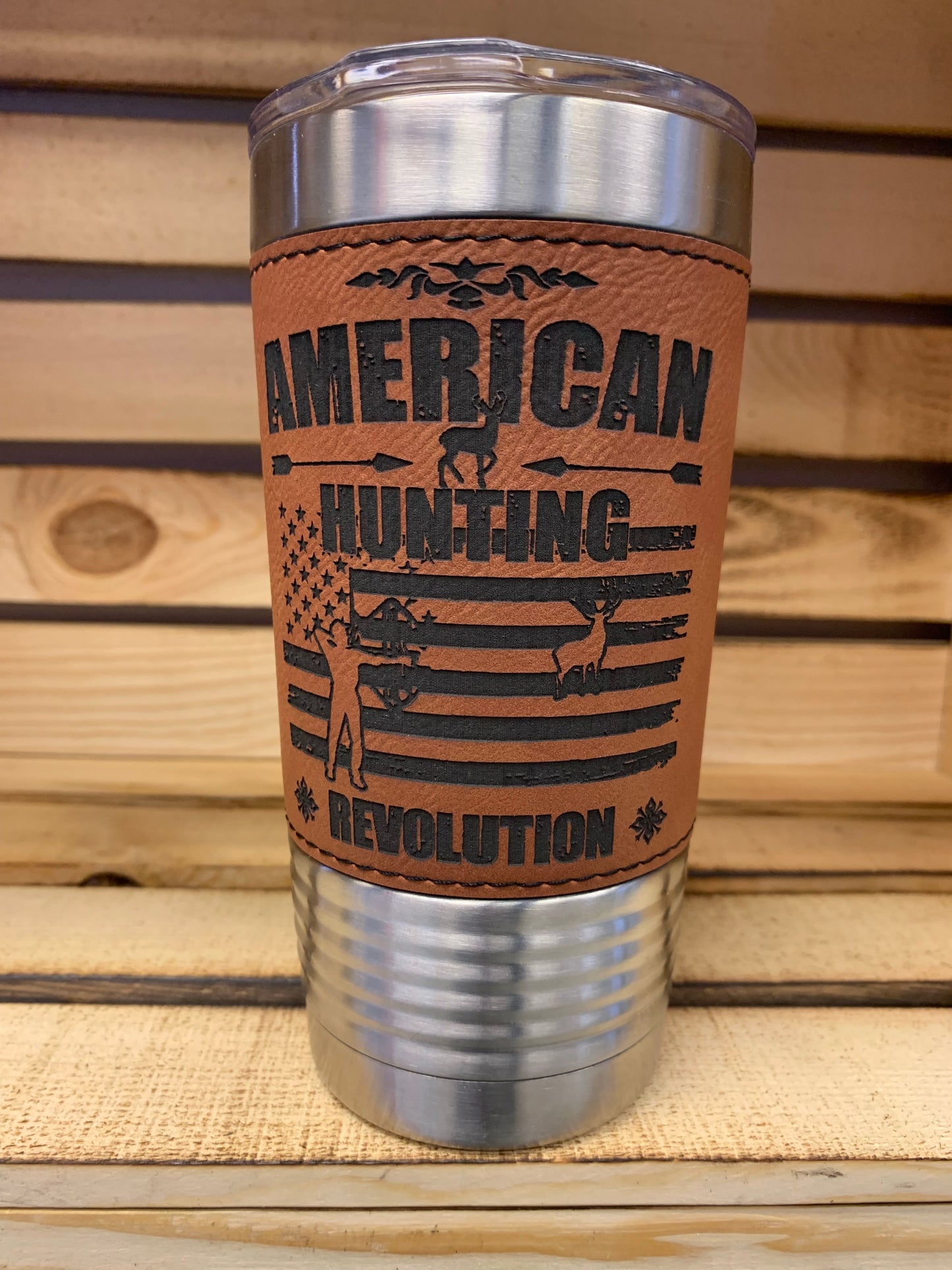 20 oz. Dark Brown Leatherette Grip Tumbler American Hunting Revolution