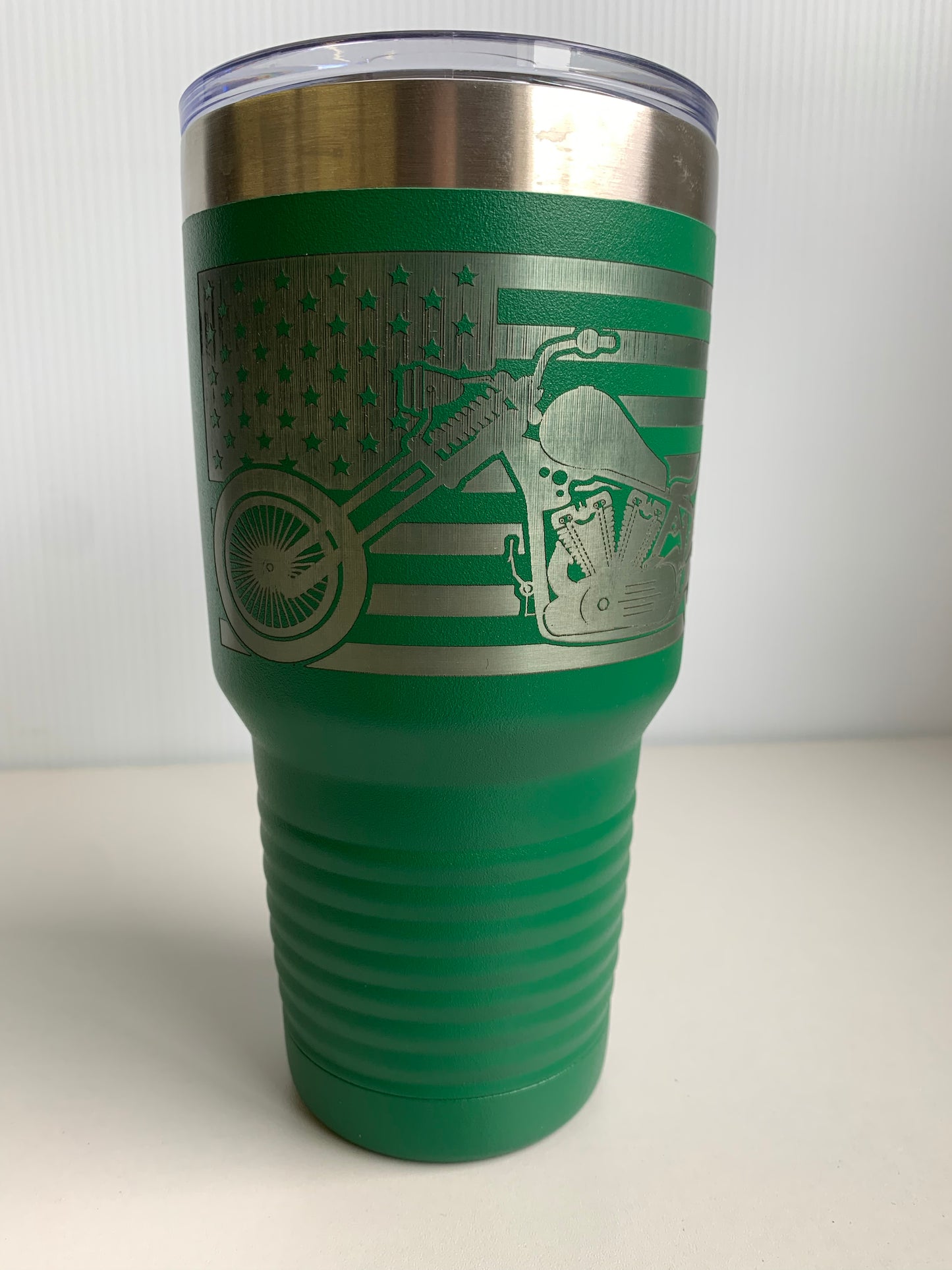 American Flag Motorcycle Laser Engraved Tumbler Travel Mug