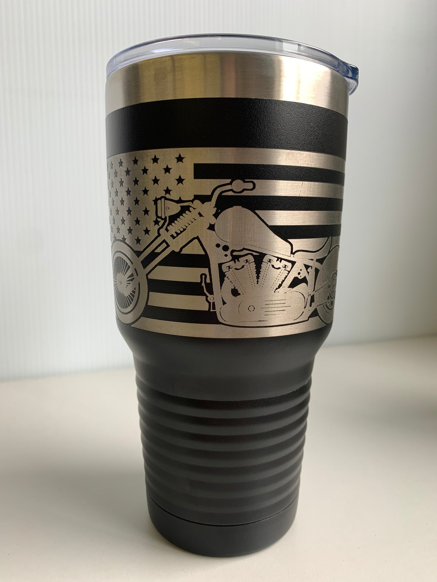 American Flag Motorcycle Laser Engraved Tumbler Travel Mug