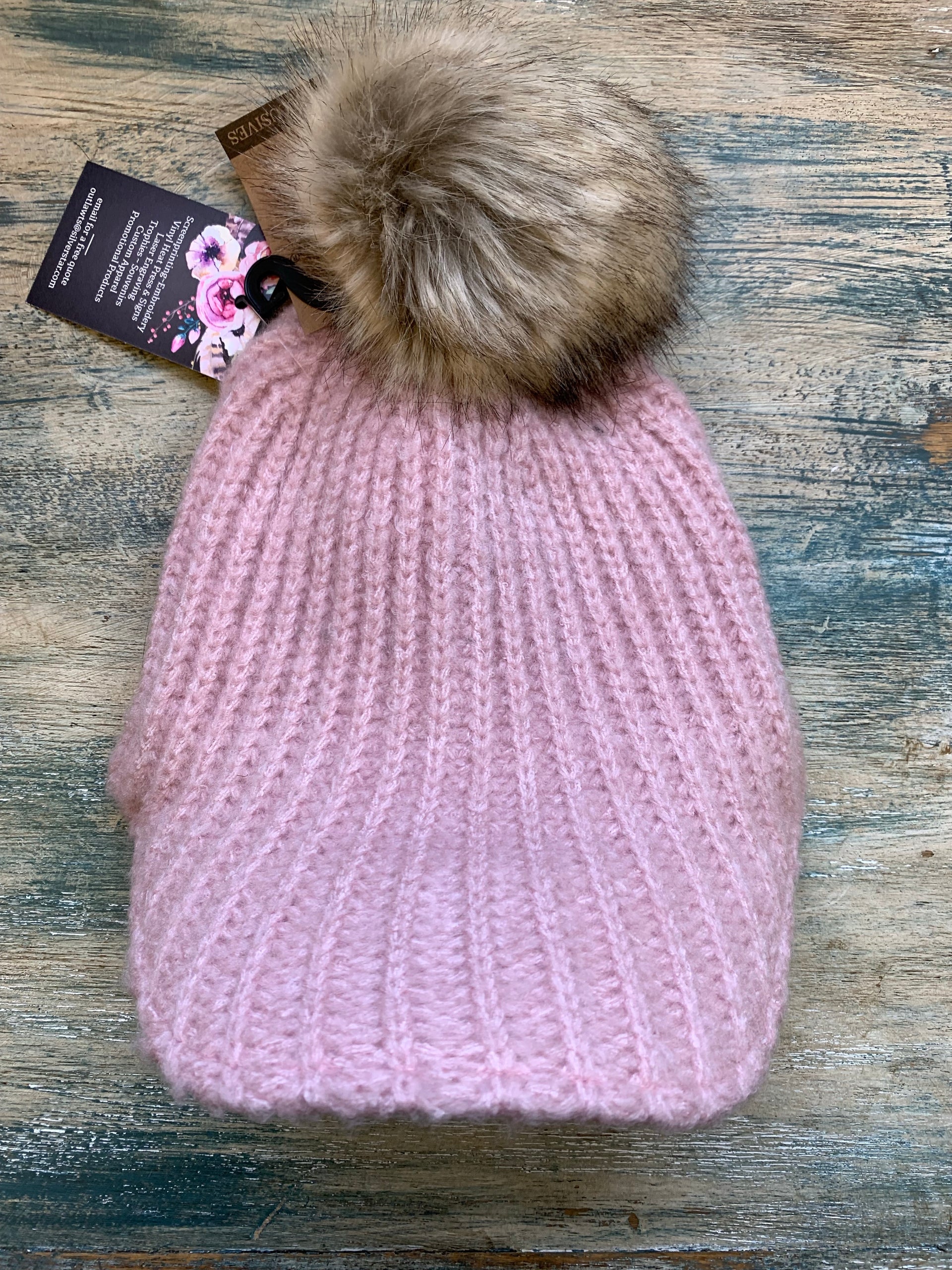 Women's Knitted Brim Beanie with Fur Pom